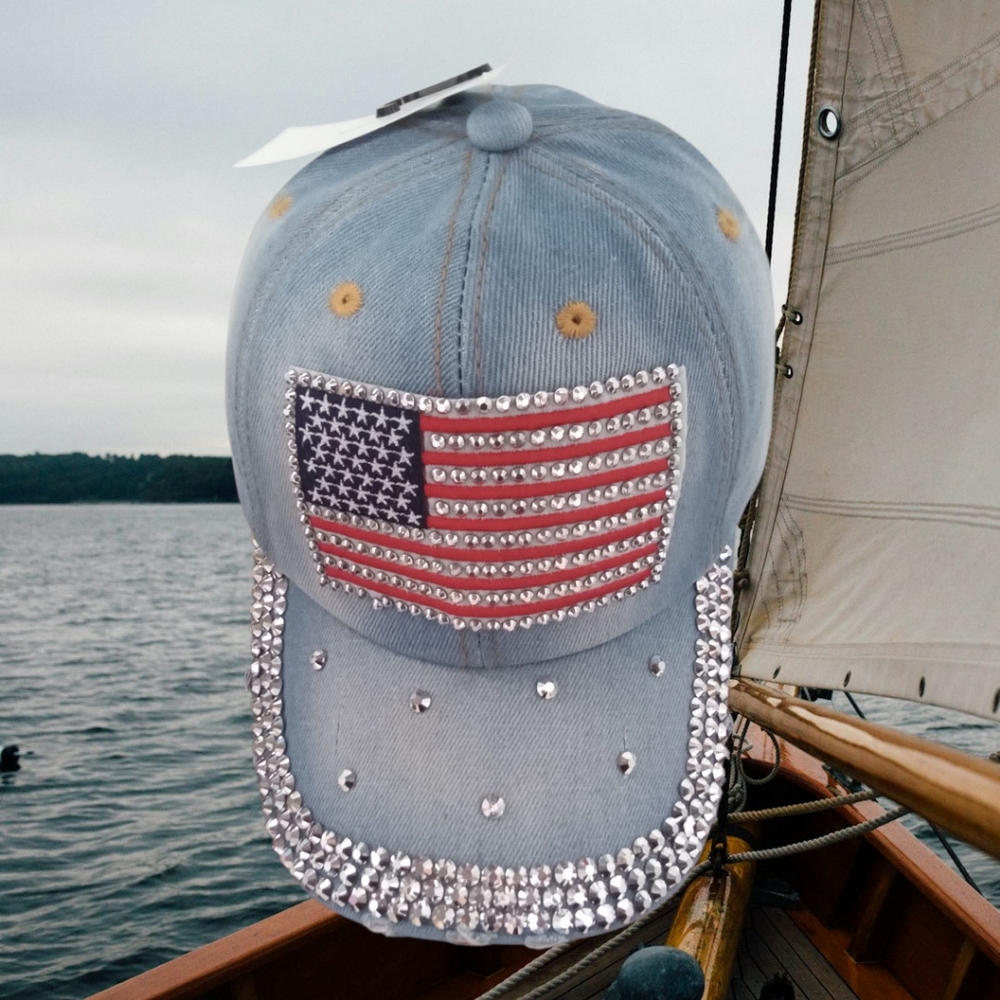 Blinged Out Light Denim Flag Hat | Patriotic & Sparkly Vibes 💎🇺🇸 NEW